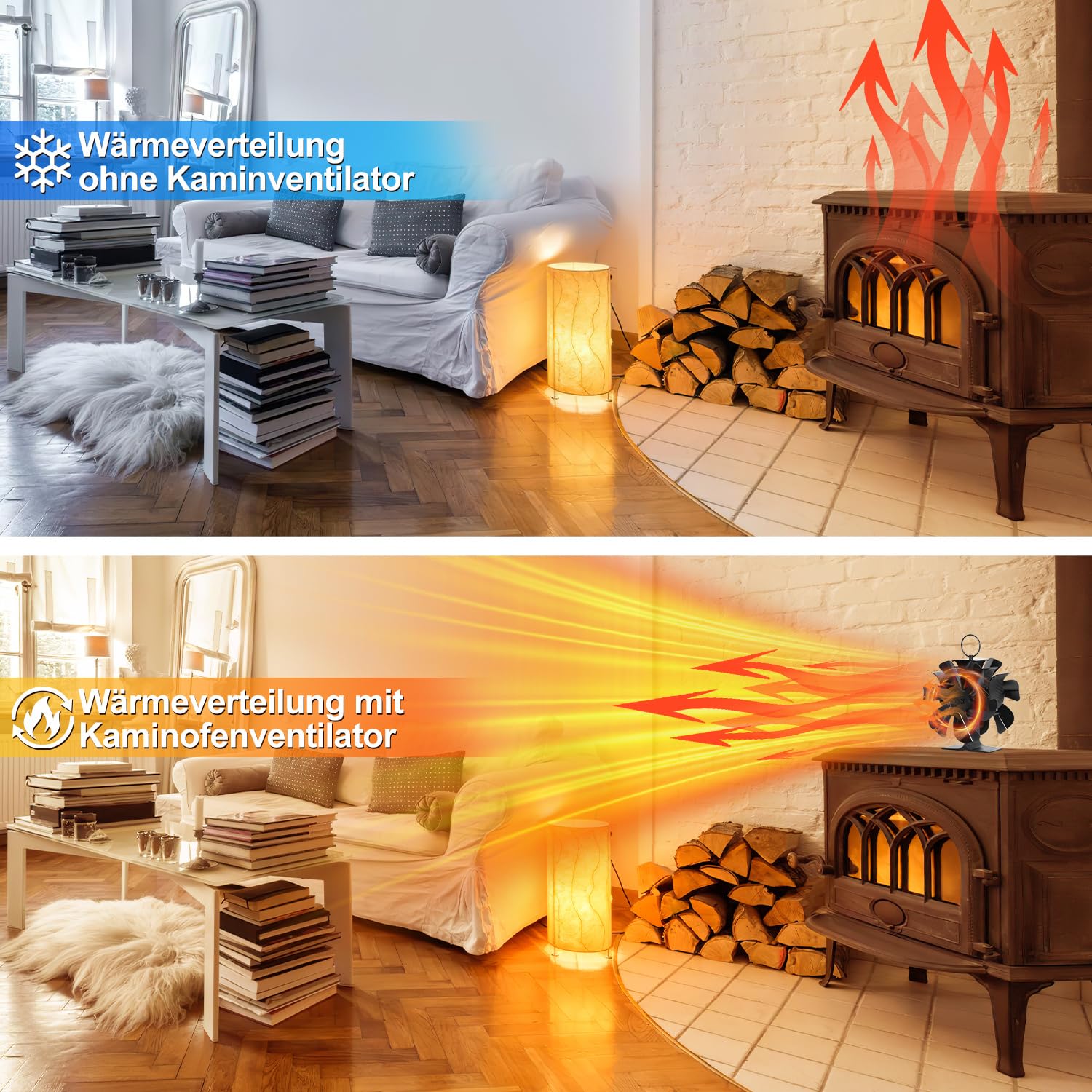 Lospitch Kaminventilator 12 Flügel ohne Strom mit Thermometer für Holzofen