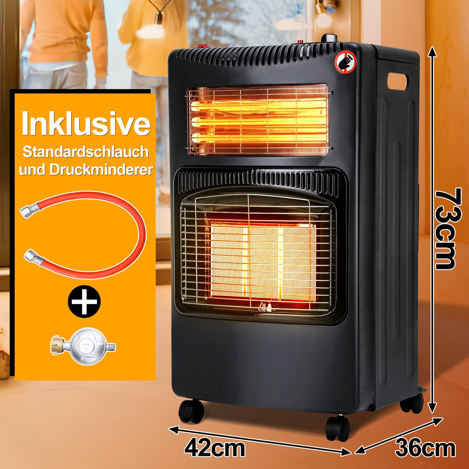 Lospitch Gasofen 4200W mit Elektroheizung 1260W 3 Heizstufen für Propan und Butan 42 × 36 × 73 cm