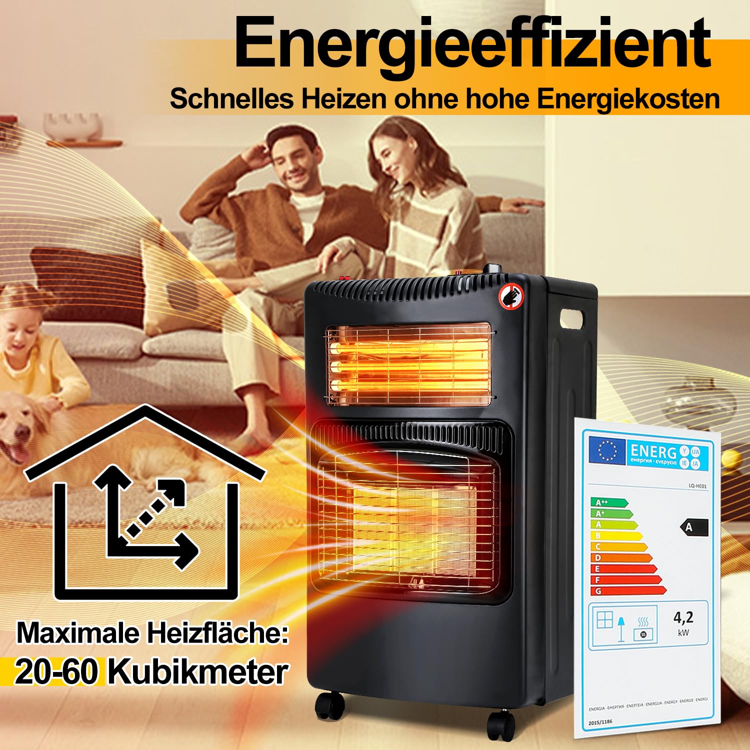 Lospitch Gasofen 4200W mit Elektroheizung 1260W 3 Heizstufen für Propan und Butan 42 × 36 × 73 cm