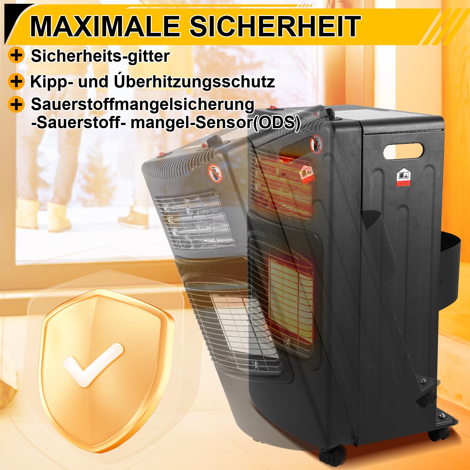 Lospitch Gasofen 4200W mit Elektroheizung 1260W 3 Heizstufen für Propan und Butan 42 × 36 × 73 cm