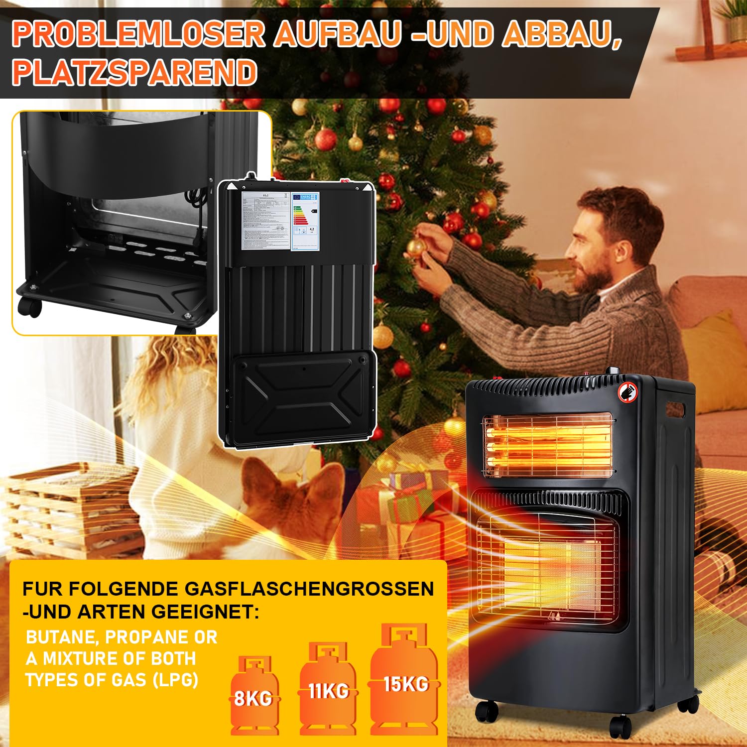 Lospitch Gasofen 4200W mit Elektroheizung 1260W 3 Heizstufen für Propan und Butan 42 × 36 × 73 cm