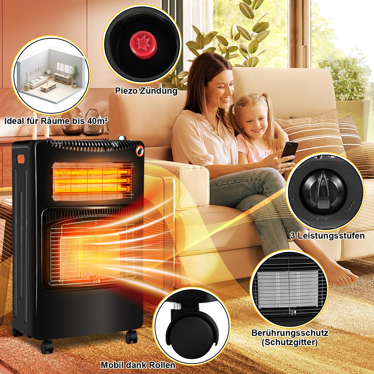 Lospitch Gasofen 4200W mit Elektroheizung 1260W 3 Heizstufen für Propan und Butan 42 × 36 × 73 cm