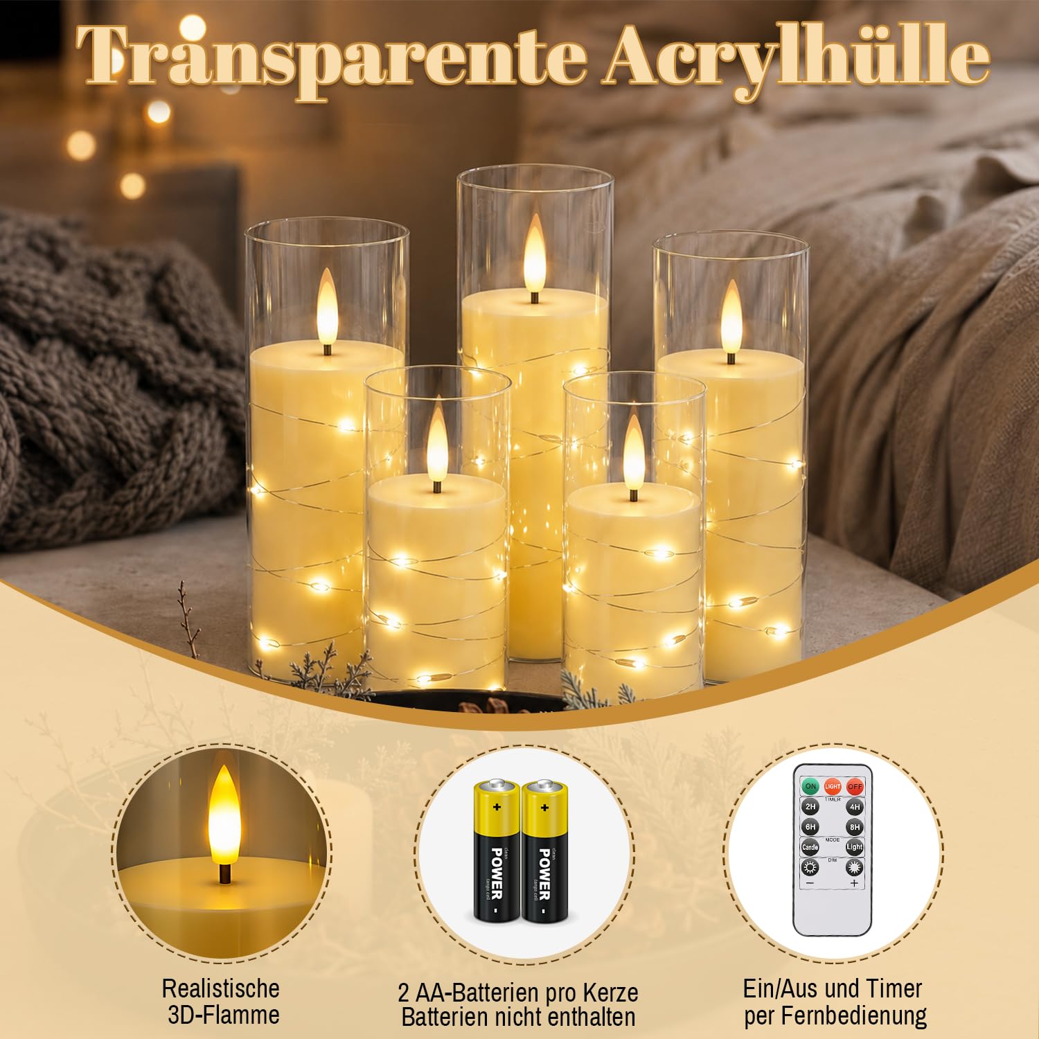 Lospitch LED Kerzen 3er/5er Set mit Fernbedienung Timer und Lichterkette