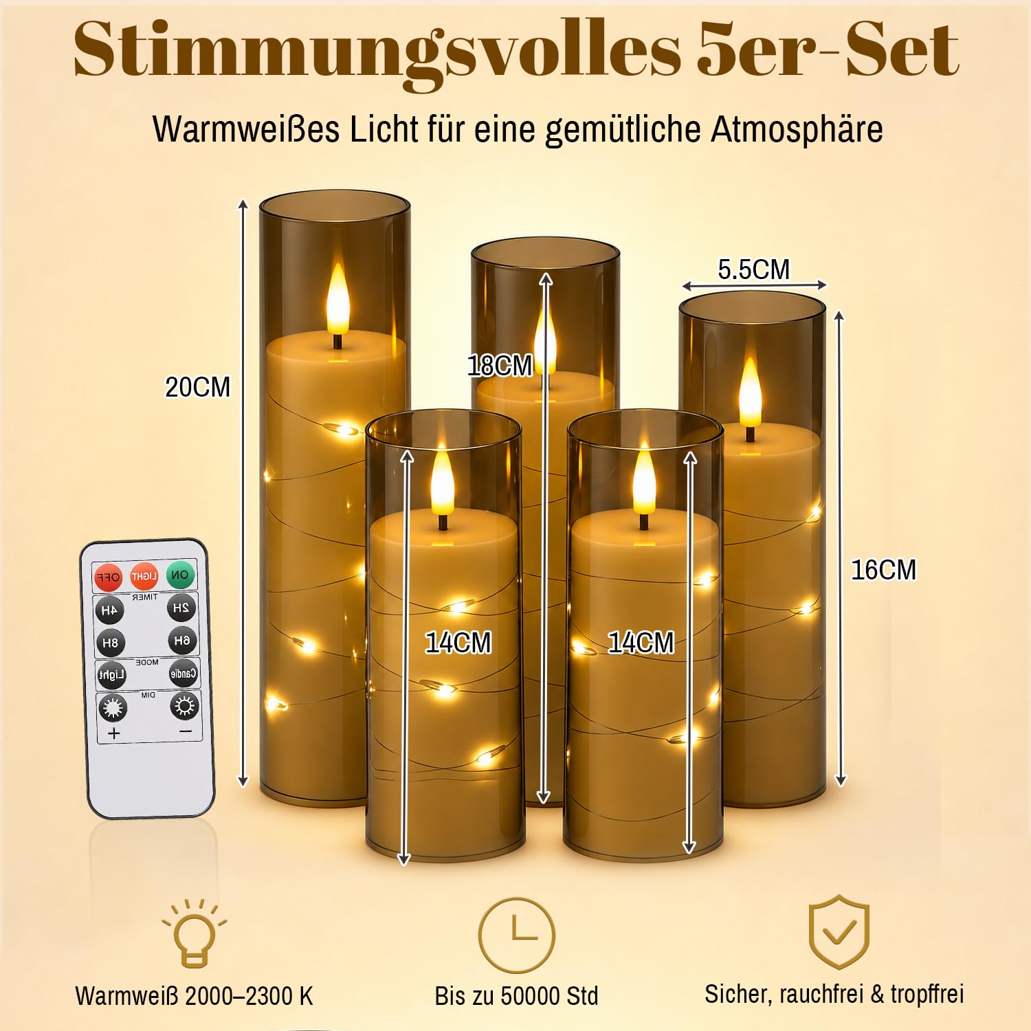 Lospitch LED Kerzen 3er/5er Set mit Fernbedienung Timer und Lichterkette