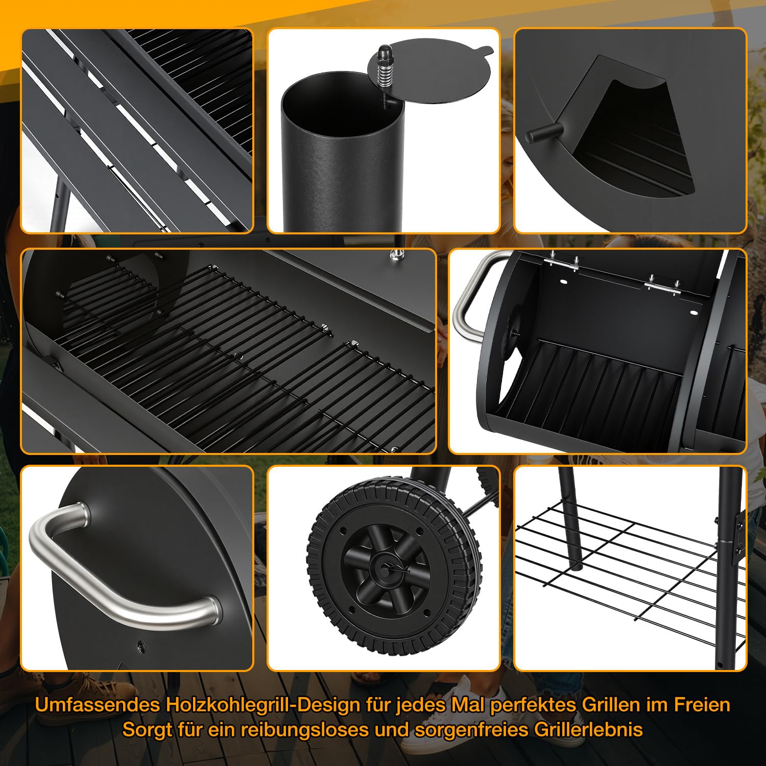 Lospitch Holzkohle Smoker Grill 91x30x125 cm mit Deckel Thermometer und Rädern