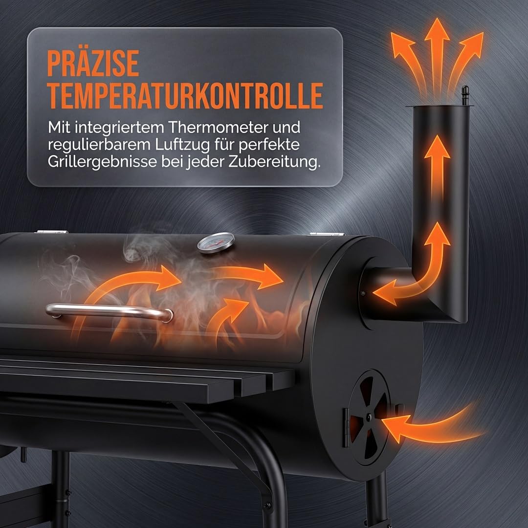 Lospitch Holzkohle Smoker Grill 91x30x125 cm mit Deckel Thermometer und Rädern