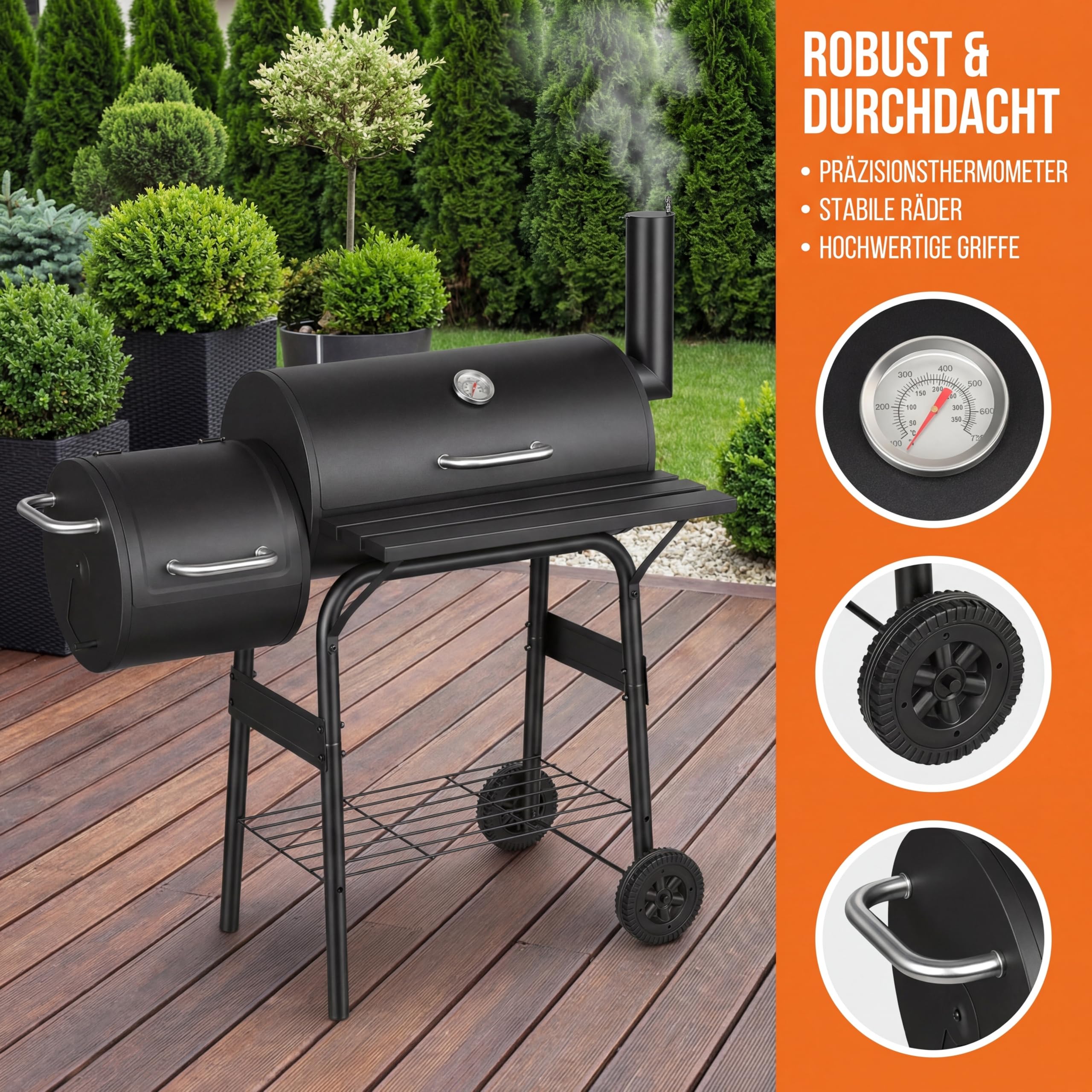 Lospitch Holzkohle Smoker Grill 91x30x125 cm mit Deckel Thermometer und Rädern