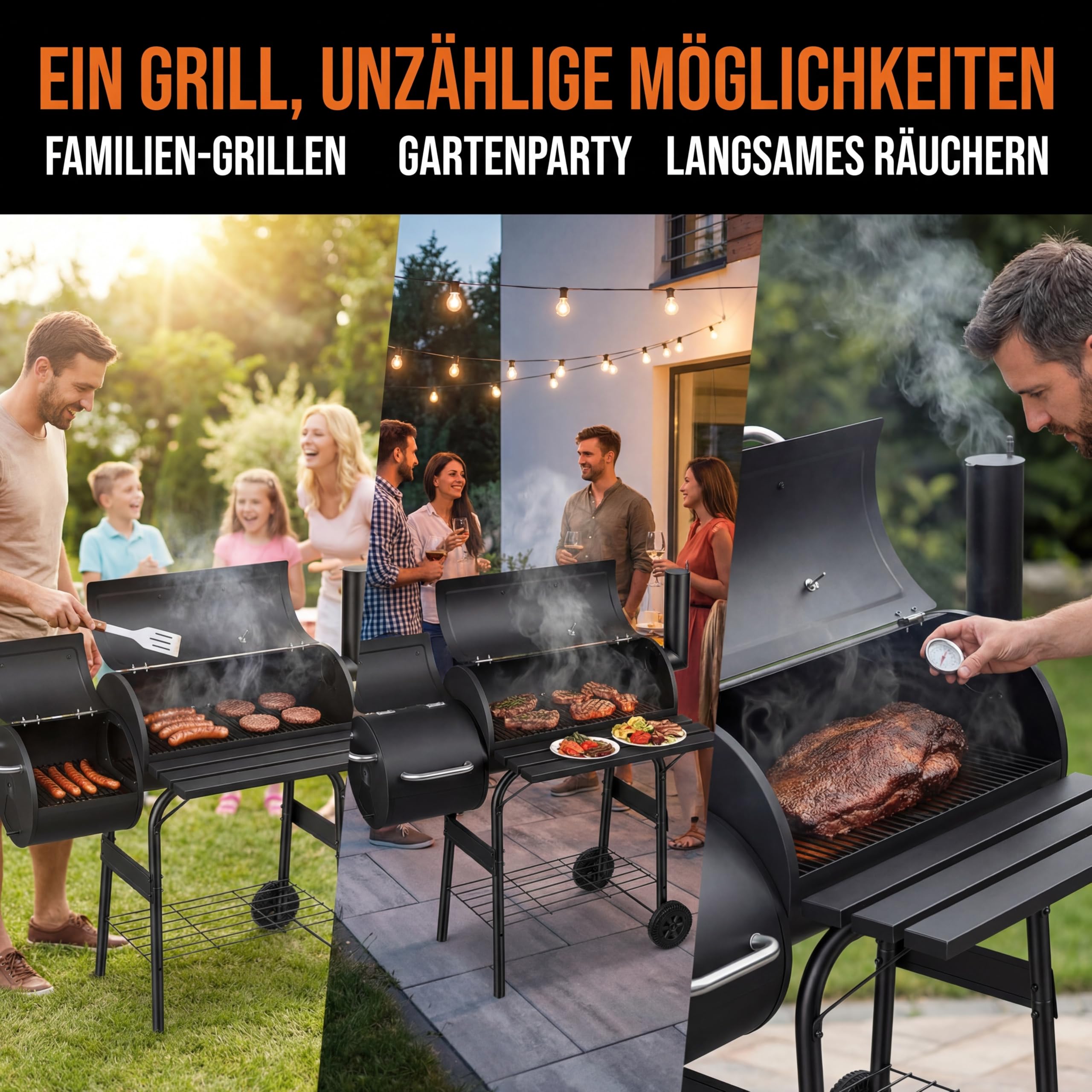 Lospitch Holzkohle Smoker Grill 91x30x125 cm mit Deckel Thermometer und Rädern