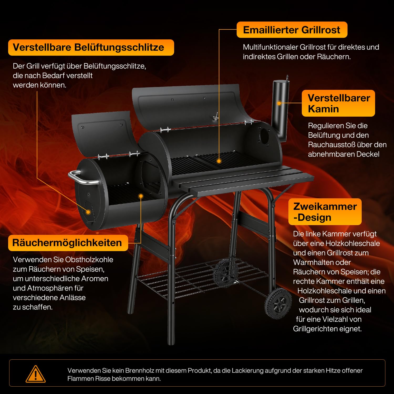 Lospitch Holzkohle Smoker Grill 91x30x125 cm mit Deckel Thermometer und Rädern