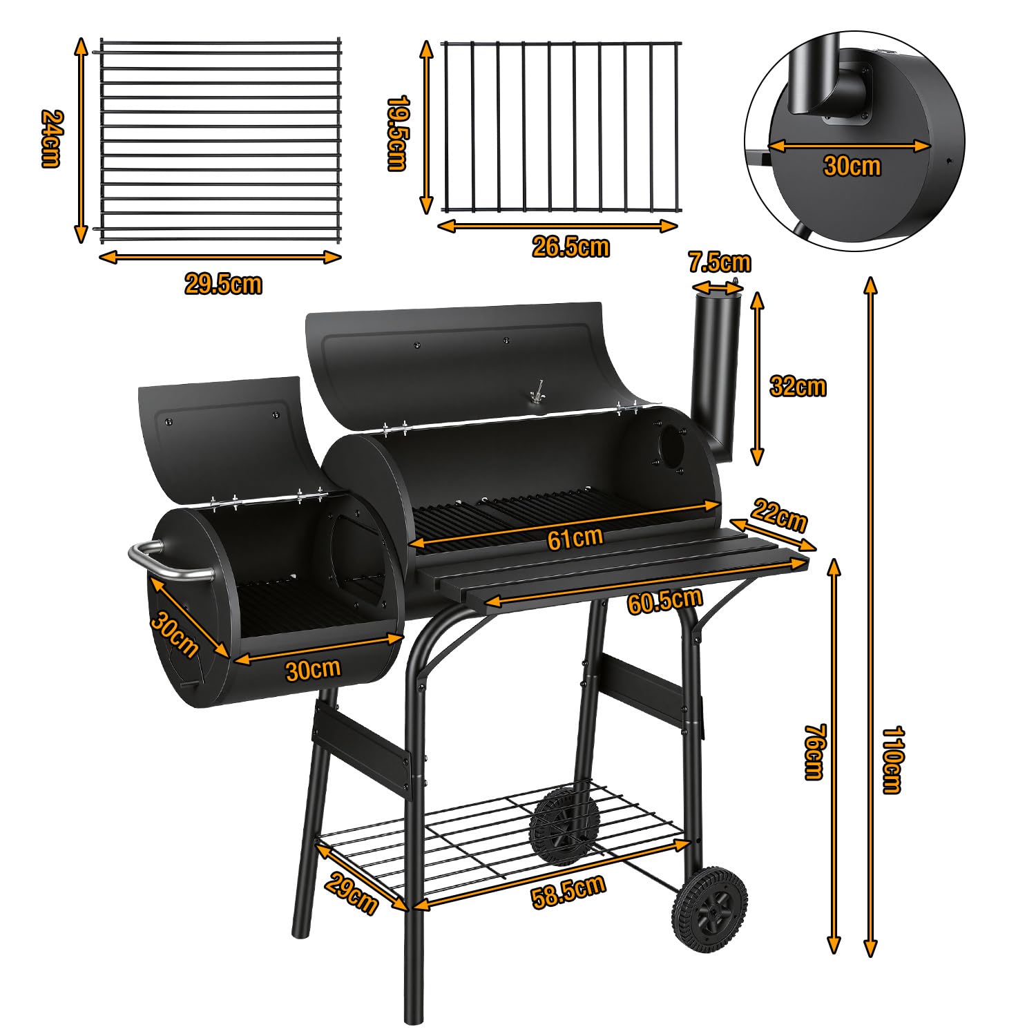 Lospitch Holzkohle Smoker Grill 91x30x125 cm mit Deckel Thermometer und Rädern