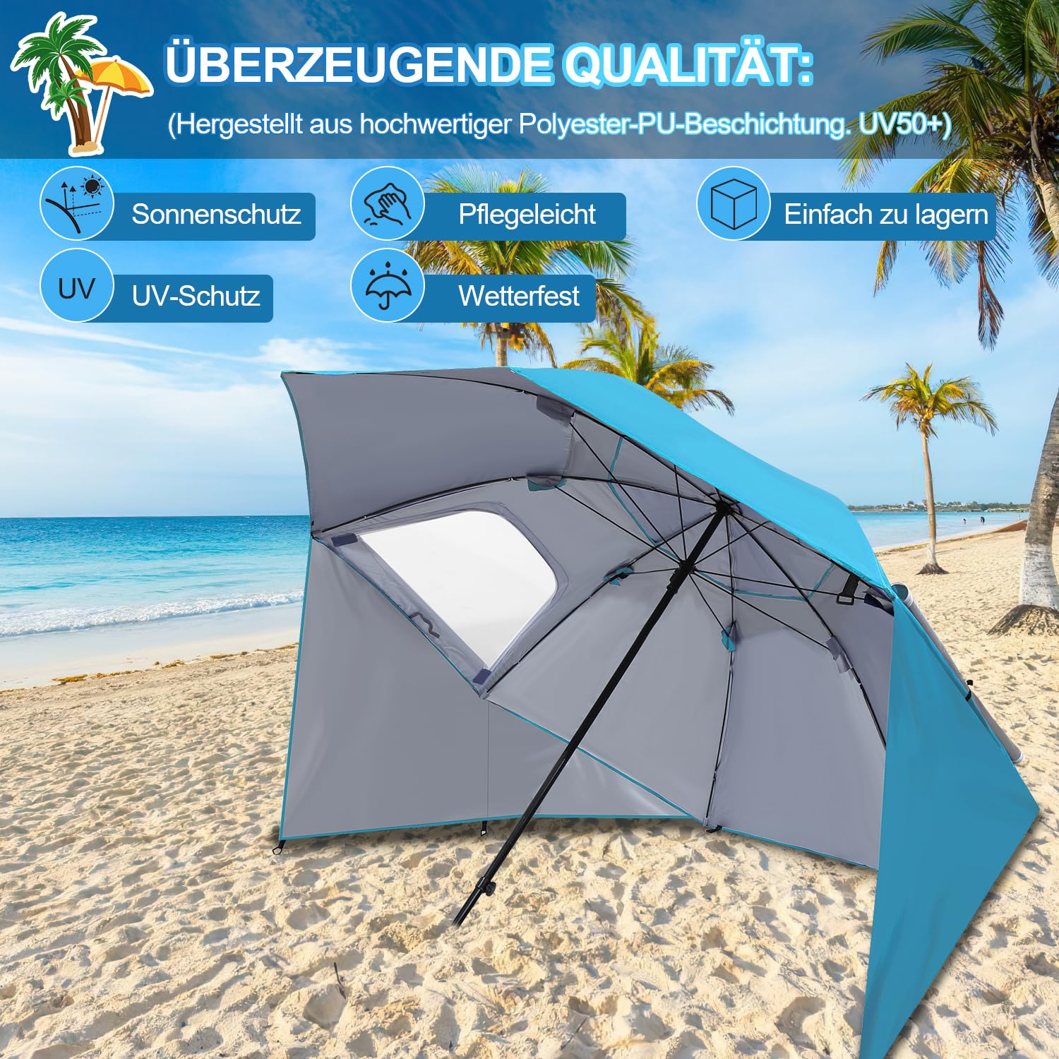 Lospitch Sonnenschirm Strandmuschel 2 in 1 UV50 210x200cm für Strand Camping