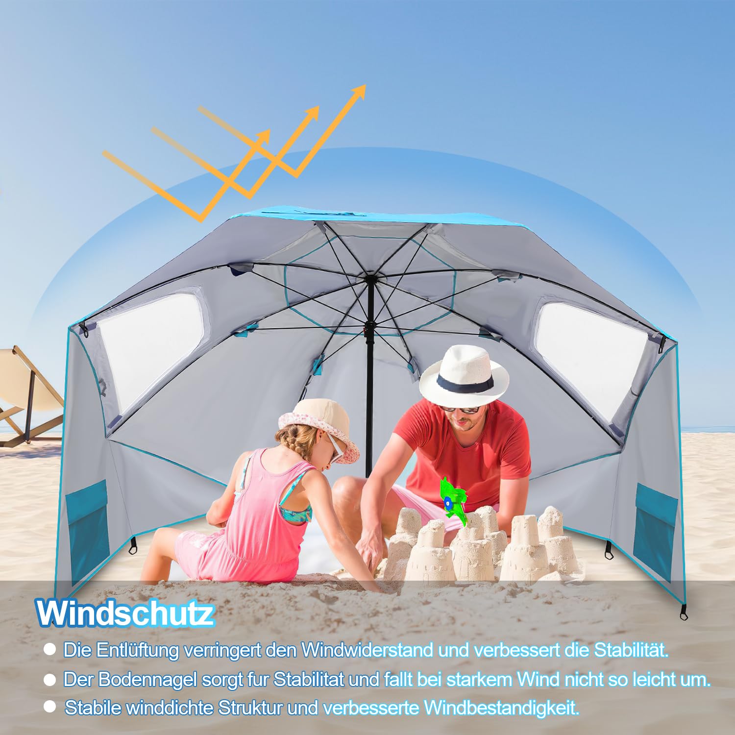 Lospitch Sonnenschirm Strandmuschel 2 in 1 UV50 210x200cm für Strand Camping