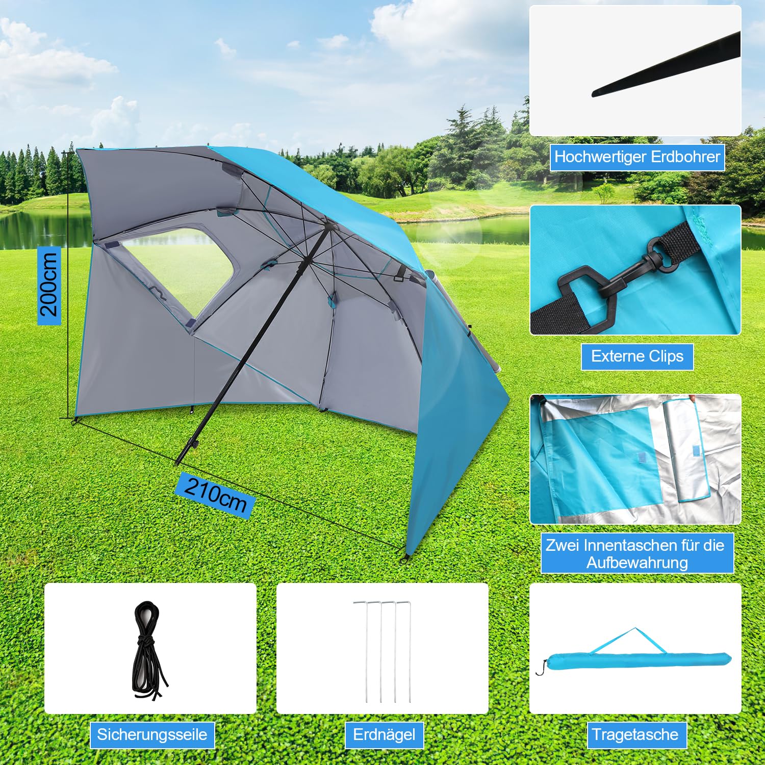 Lospitch Sonnenschirm Strandmuschel 2 in 1 UV50 210x200cm für Strand Camping