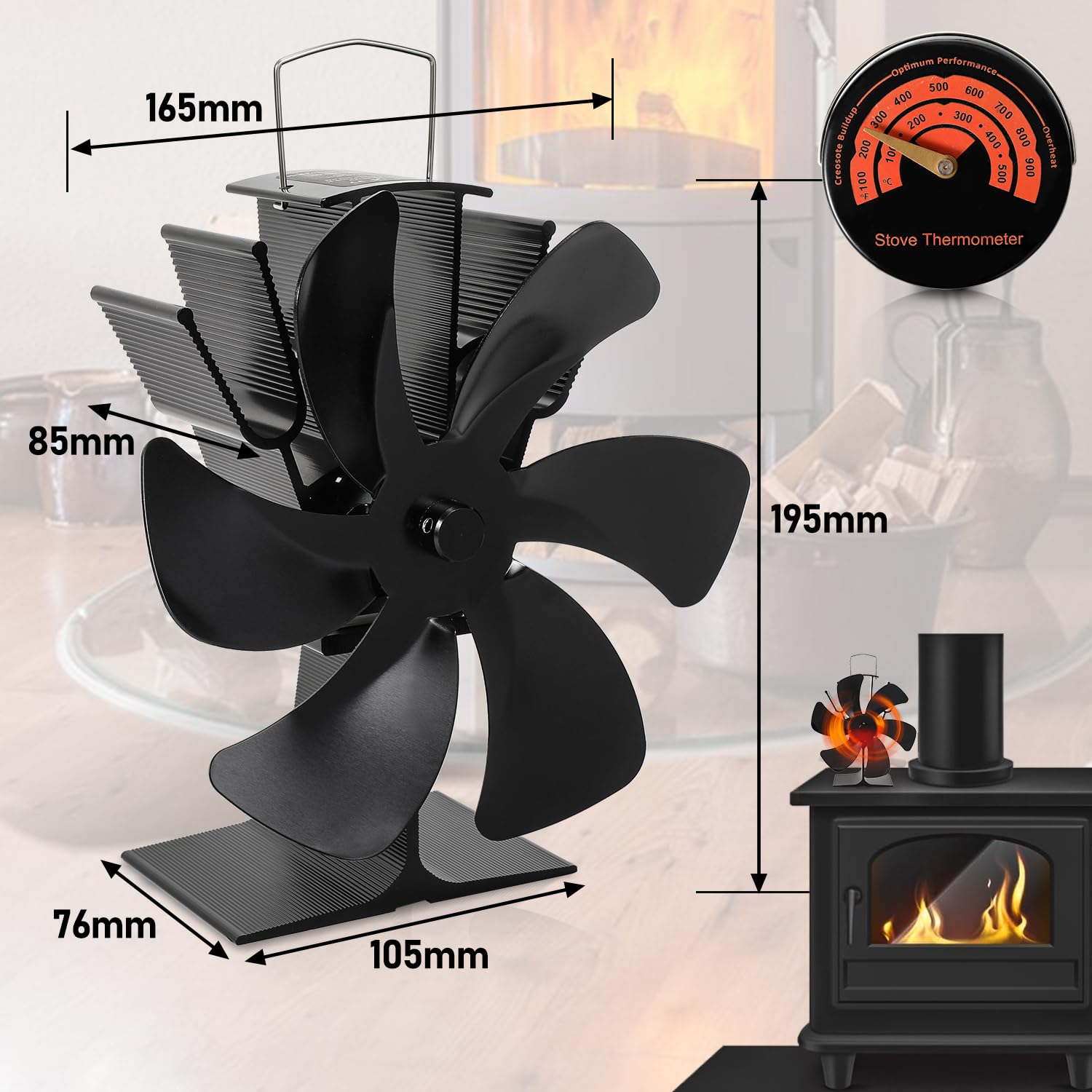 Lospitch Kaminventilator 6 Flügel wärmebetrieben mit Thermometer für Holzofen und Kamin