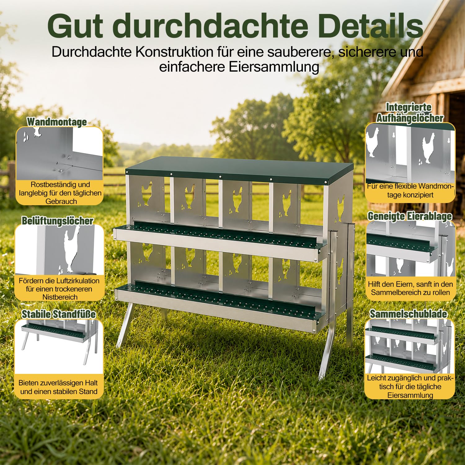 Lospitch Legenest für Hühner 6/8/10 Fächer mit Eiersammelfach
