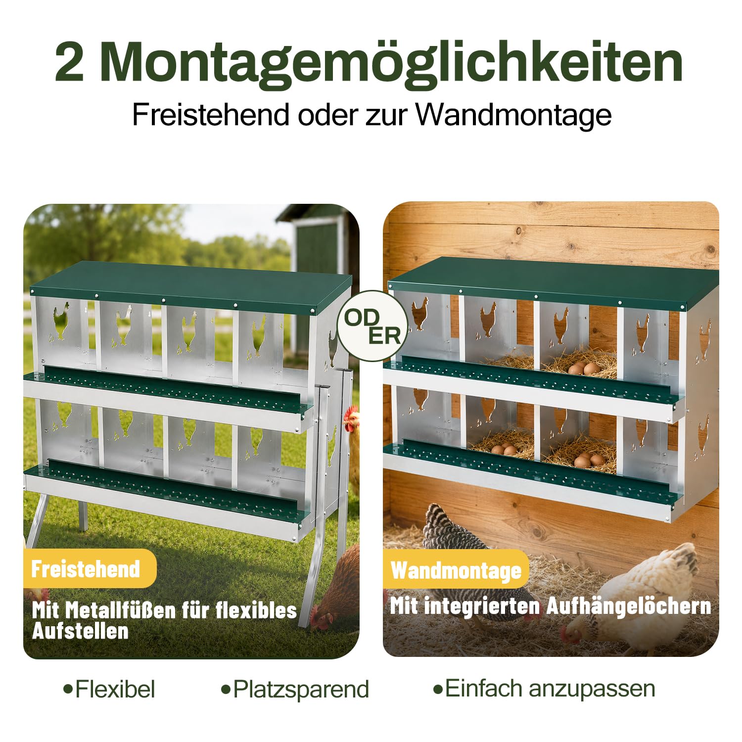 Lospitch Legenest für Hühner 6/8/10 Fächer mit Eiersammelfach