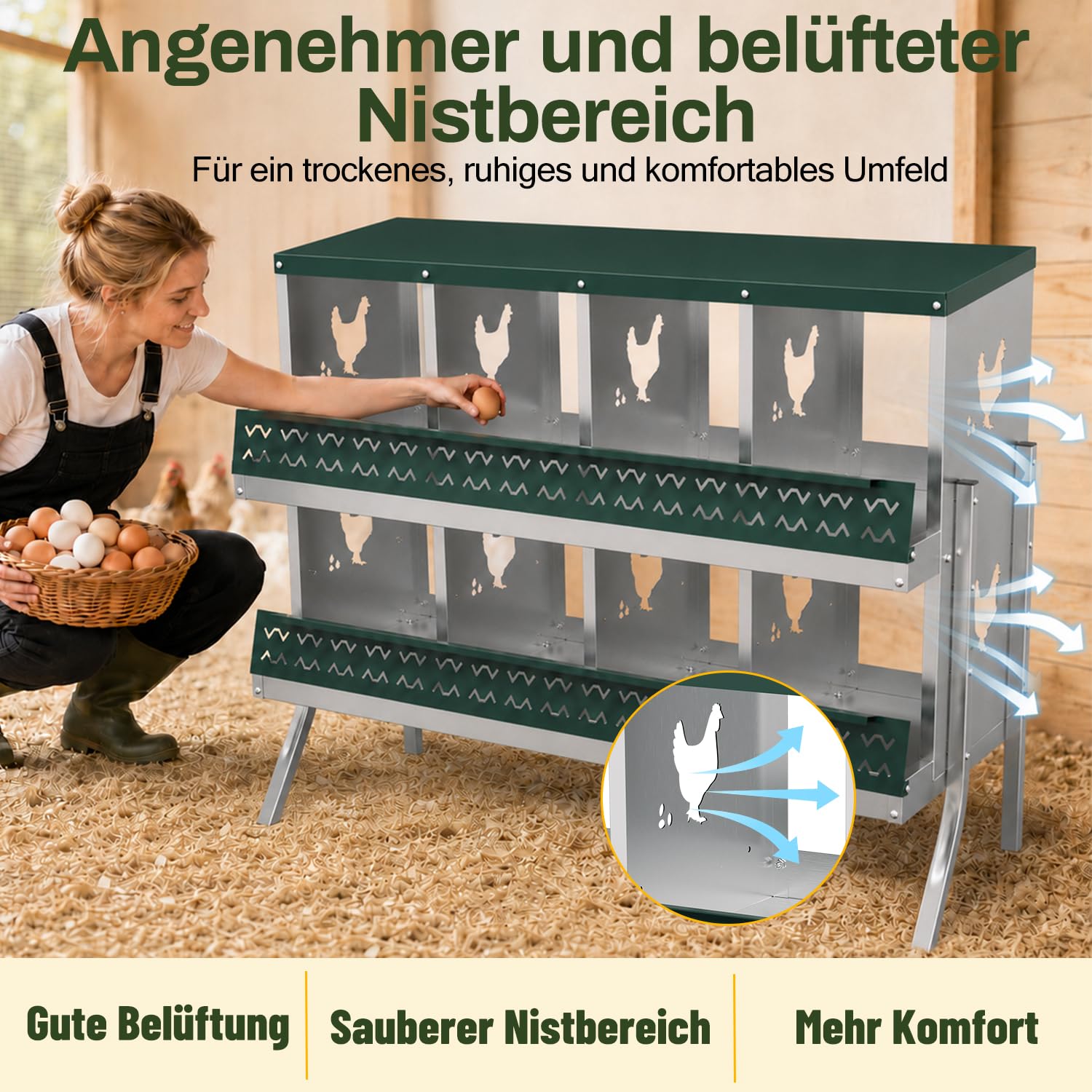 Lospitch Legenest für Hühner 6/8/10 Fächer mit Eiersammelfach