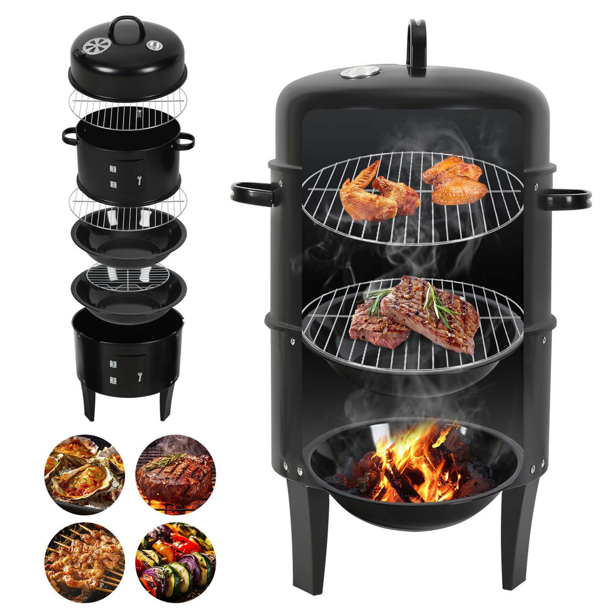 Lospitch Smoker Räucherofen 3 in 1 Grill Ø40×80 cm mit Thermometer