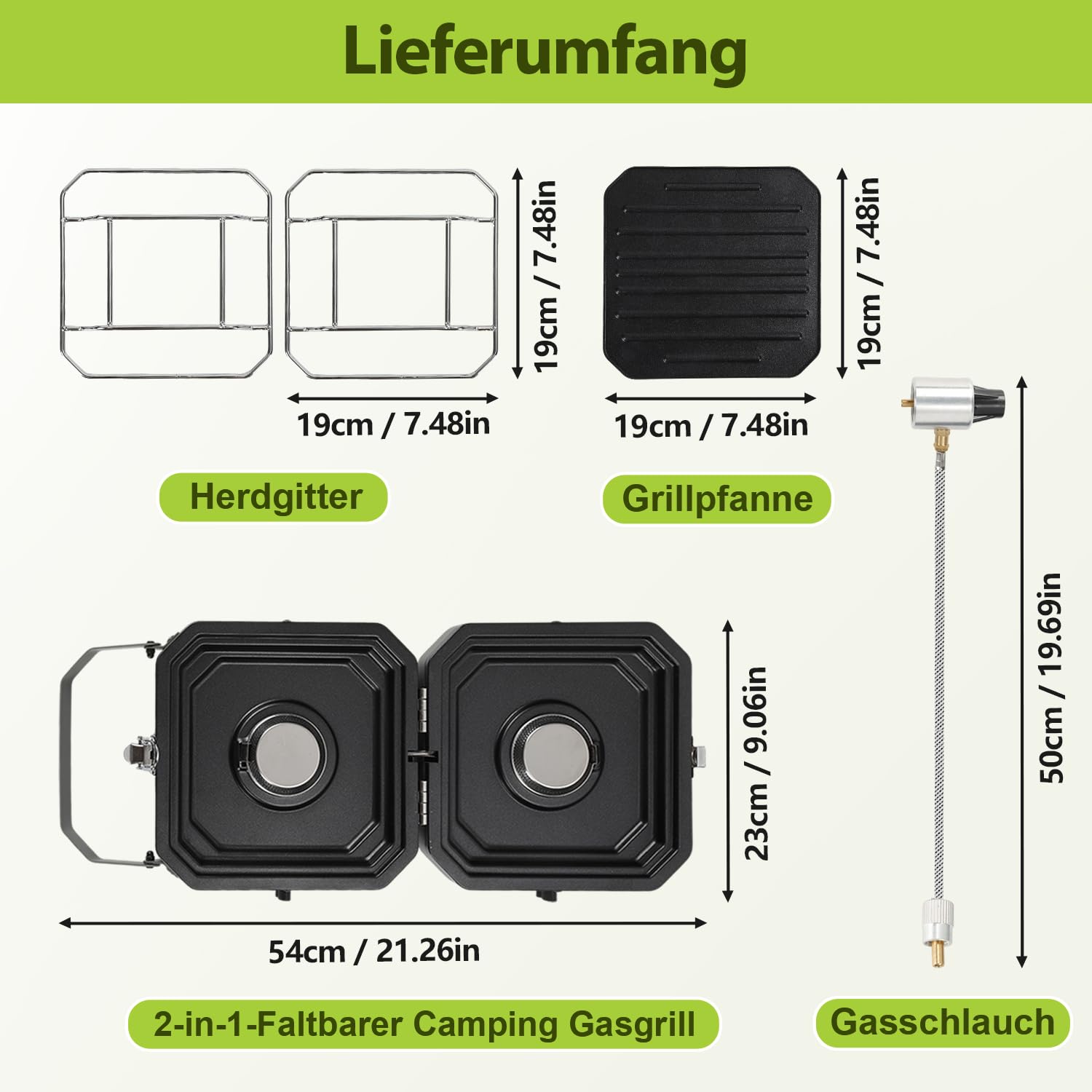 Lospitch Campingkocher 2 flammig mit Grillplatte und Gasschlauch