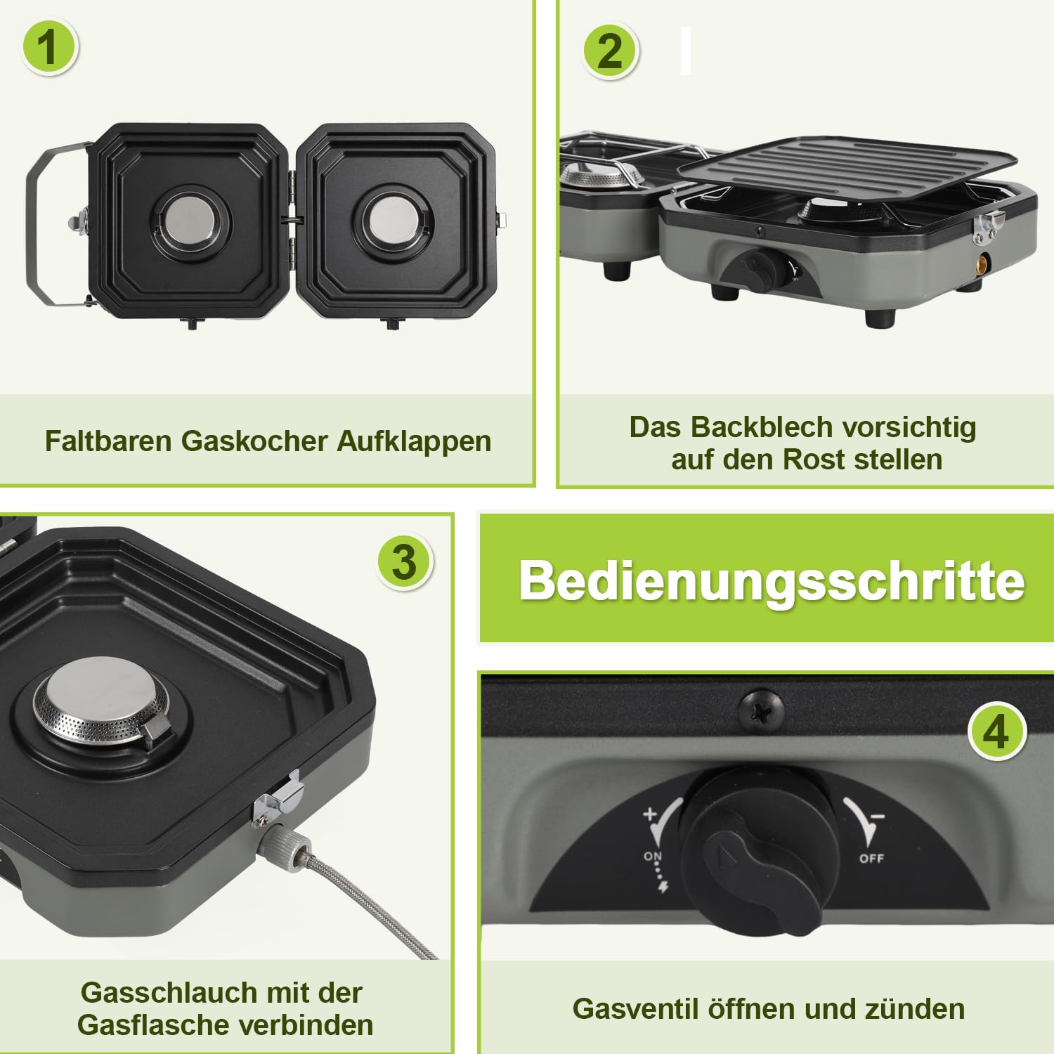 Lospitch Campingkocher 2 flammig mit Grillplatte und Gasschlauch