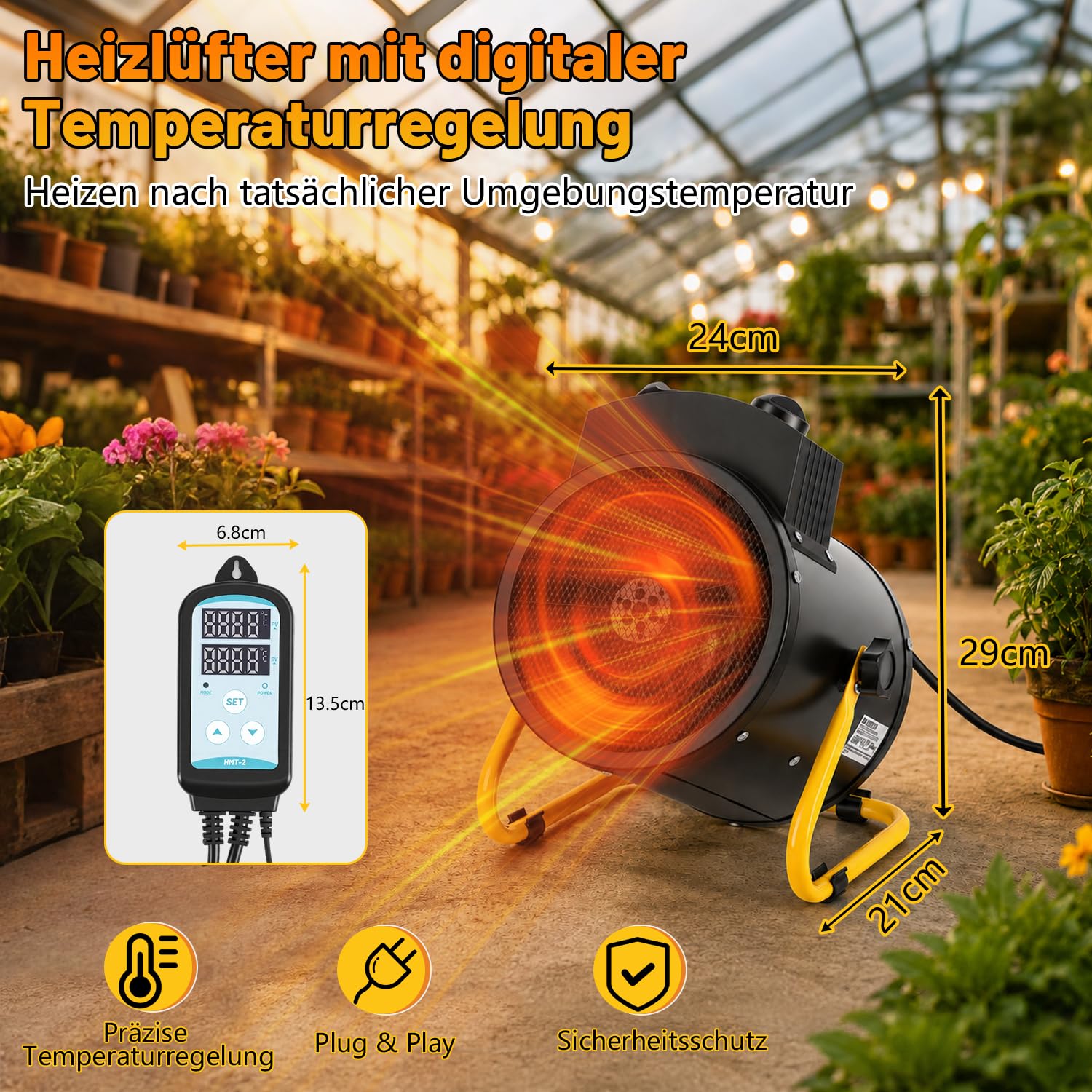 Lospitch Gewächshausheizung bis 2000W mit Thermostat IPX4 für Gewächshaus und Garage
