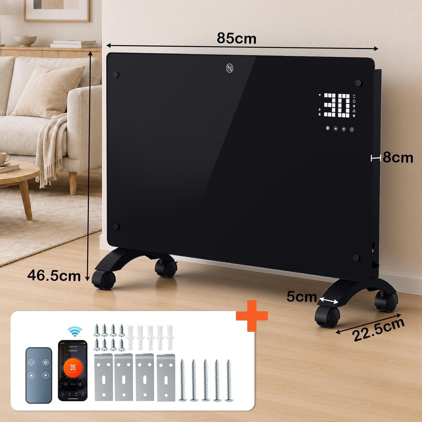 Lospitch WLAN Konvektor Heizung 2000/2500W mit Thermostat und Glasfront