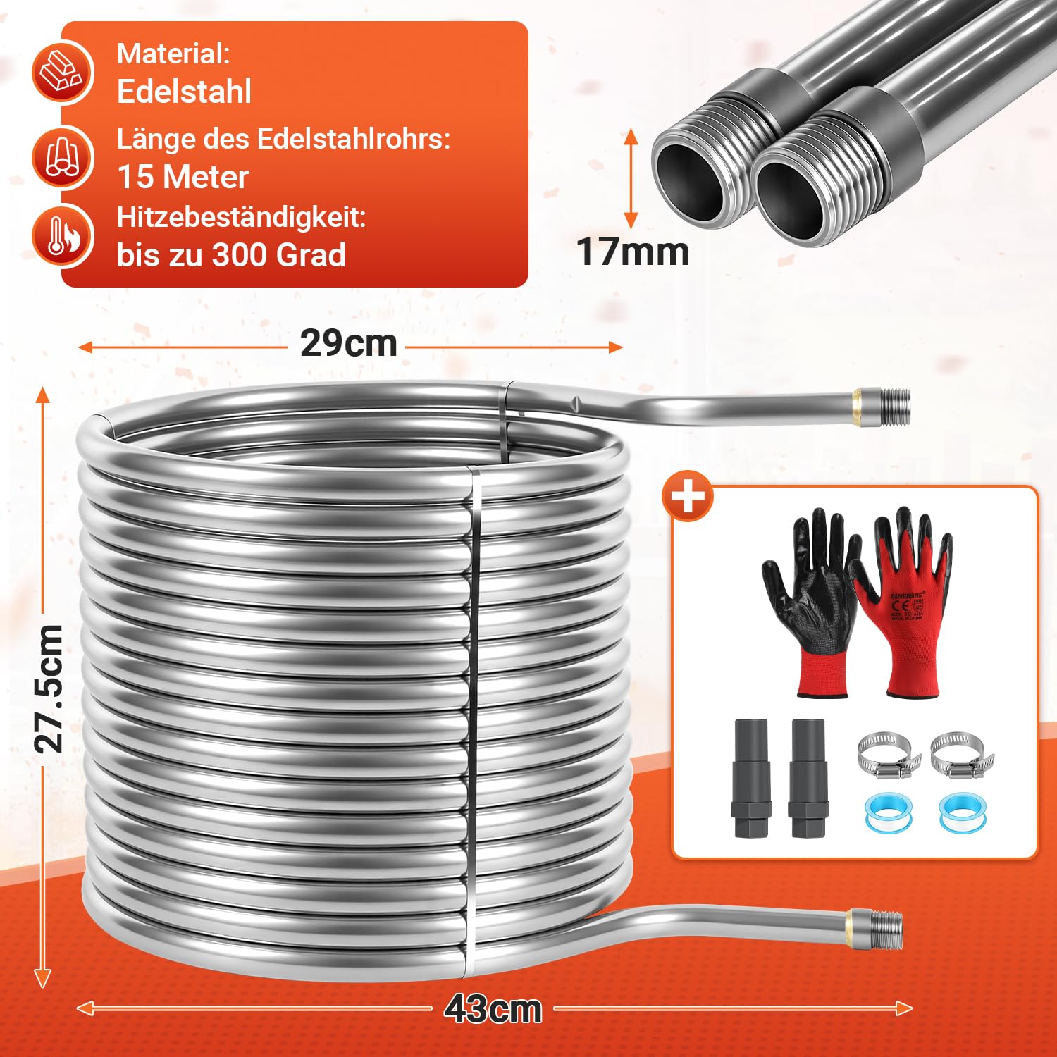 Lospitch Poolheizung Edelstahl Heizspirale 15 m für 32–38 mm Poolschläuche