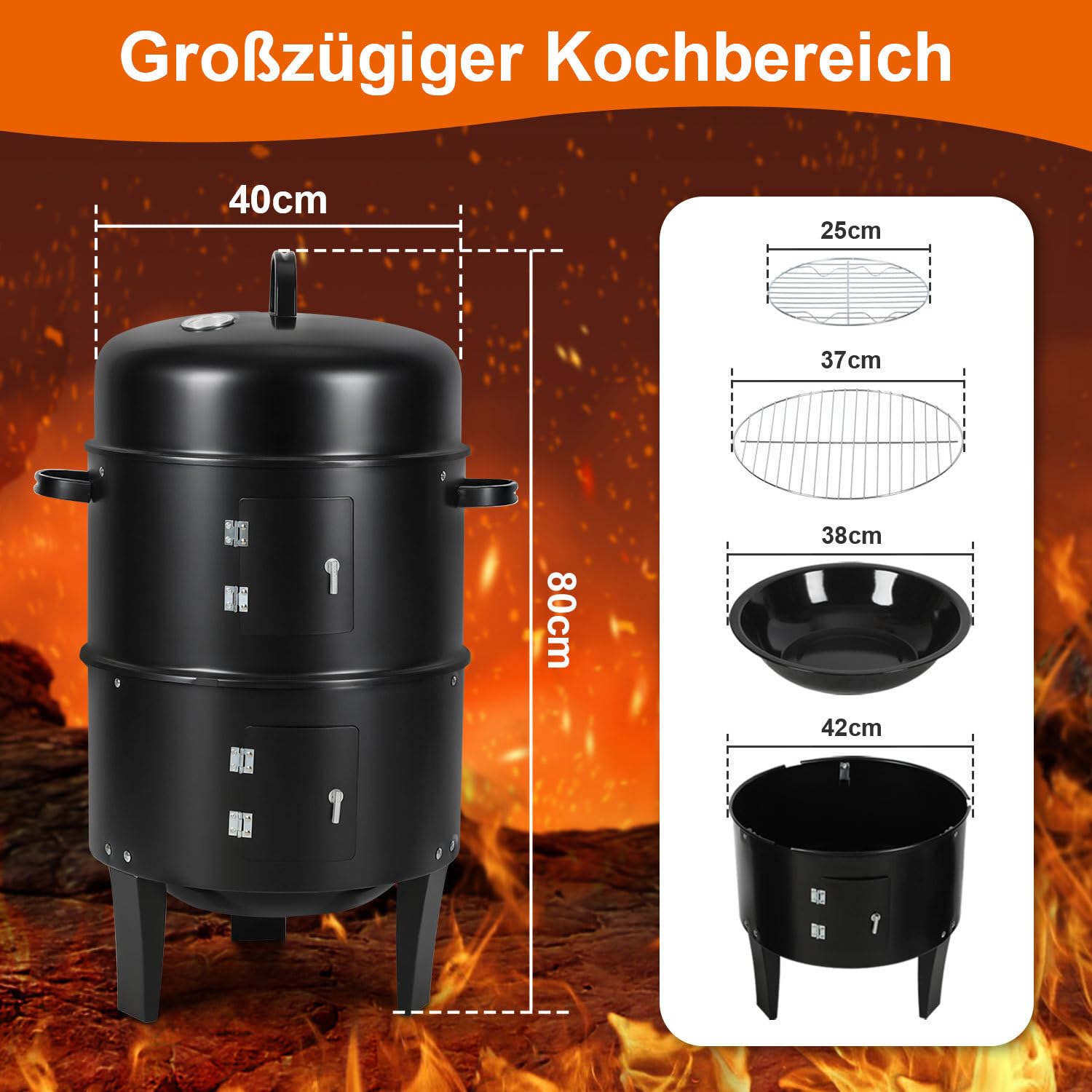 Lospitch Smoker Räucherofen 3 in 1 Grill Ø40×80 cm mit Thermometer