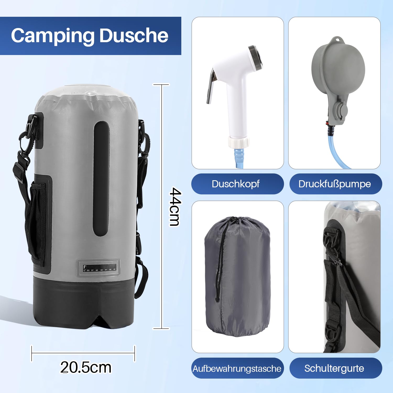 Lospitch Outdoor Campingdusche 12L mit Fußpumpe Temperaturanzeige