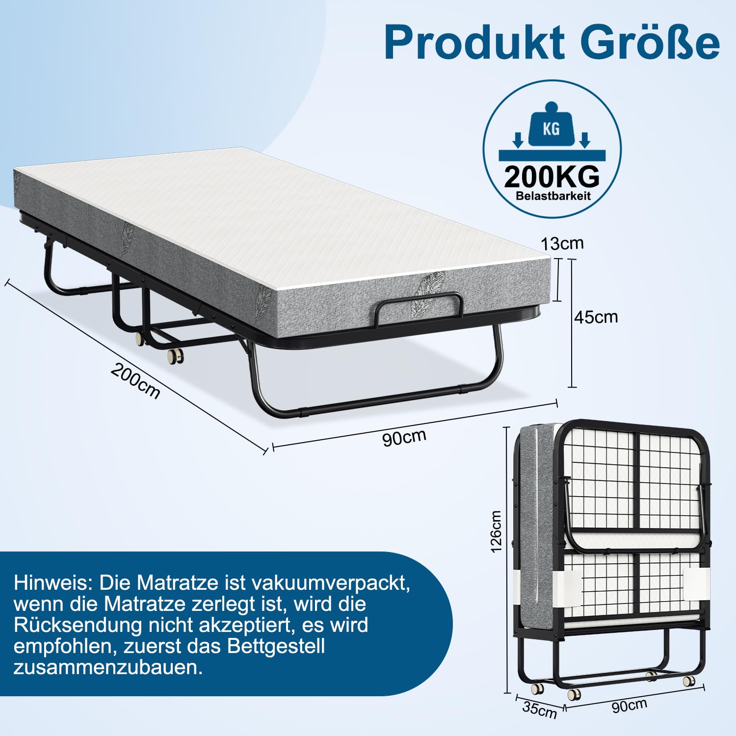 Lospitch Klappbett 90 x 200 cm mit 13 cm Schaumstoffmatratze Metallrahmen Rollen bis 200 kg