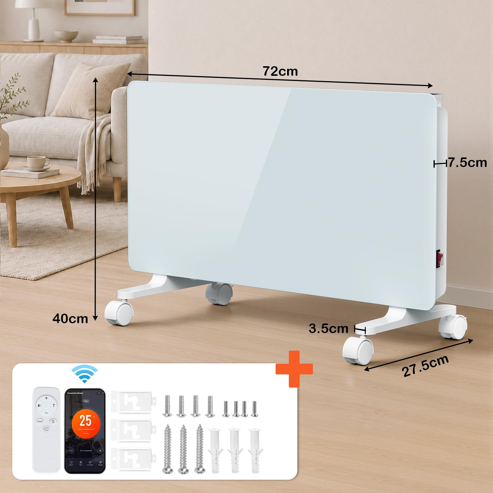 Lospitch WLAN Konvektor Heizung 2000/2500W mit Thermostat und Glasfront