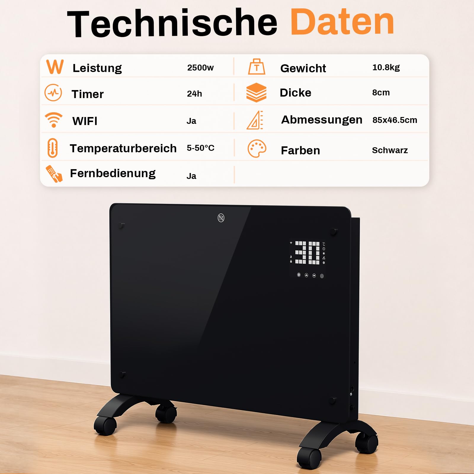 Lospitch WLAN Konvektor Heizung 2000/2500W mit Thermostat und Glasfront