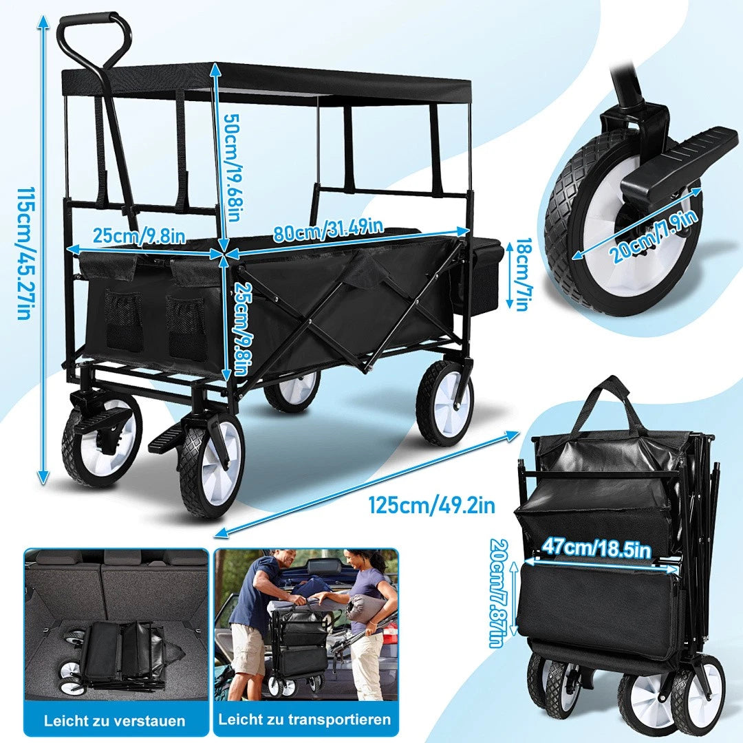 Lospitch Camping Bollerwagen faltbar mit Dach 80 kg Schwarz