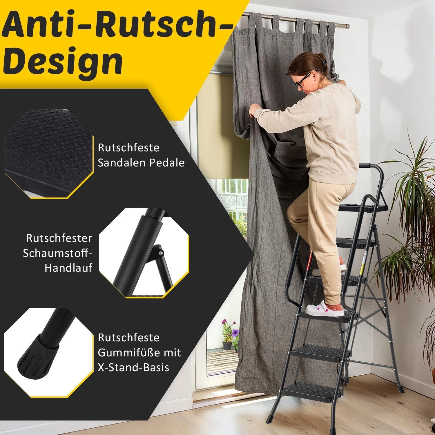 Lospitch Klappleiter für Zuhause mit Handlauf und Werkzeugablage
