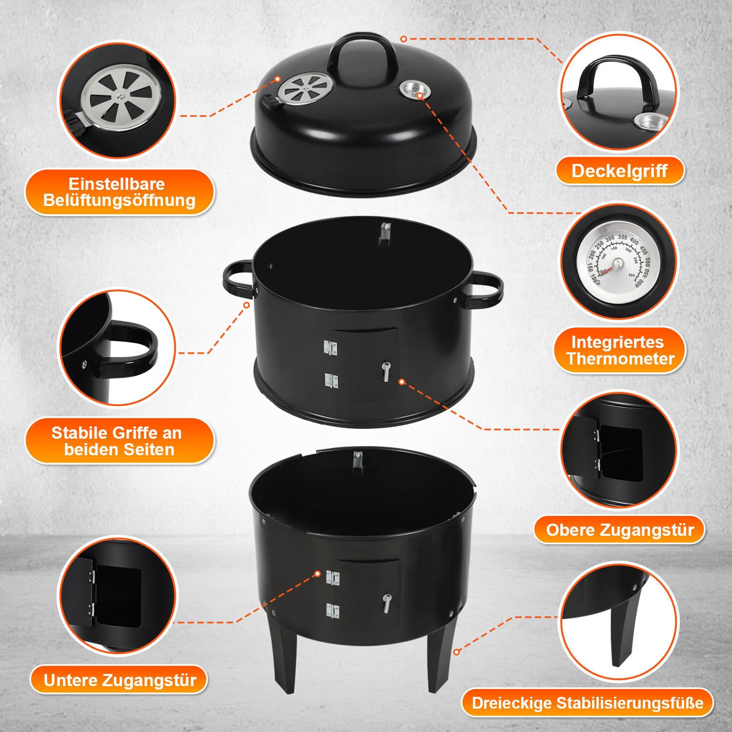 Lospitch Smoker Räucherofen 3 in 1 Grill Ø40×80 cm mit Thermometer