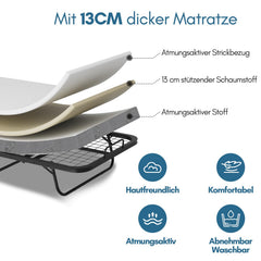 Lospitch Klappbett 90 x 200 cm mit 13 cm Schaumstoffmatratze Metallrahmen Rollen bis 200 kg