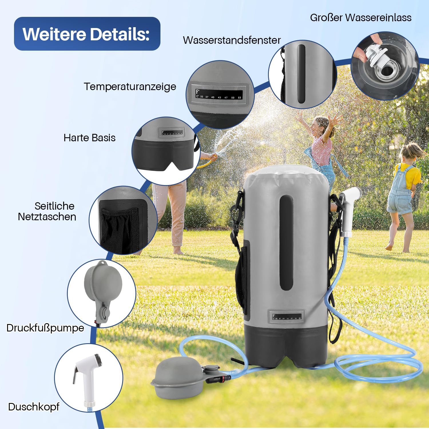 Lospitch Outdoor Campingdusche 12L mit Fußpumpe Temperaturanzeige