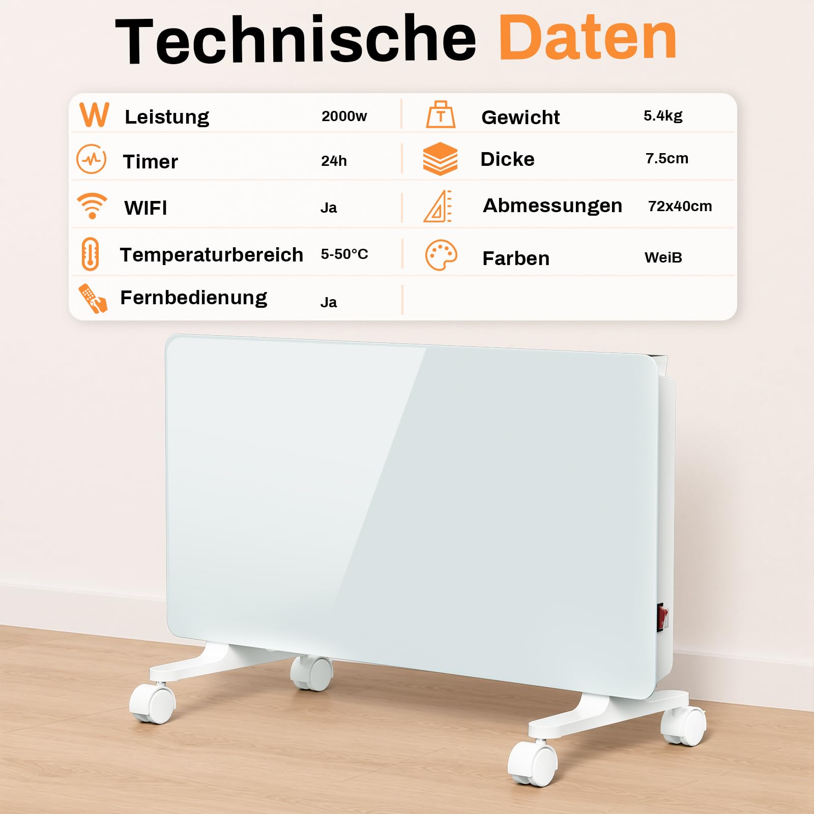 Lospitch WLAN Konvektor Heizung 2000/2500W mit Thermostat und Glasfront