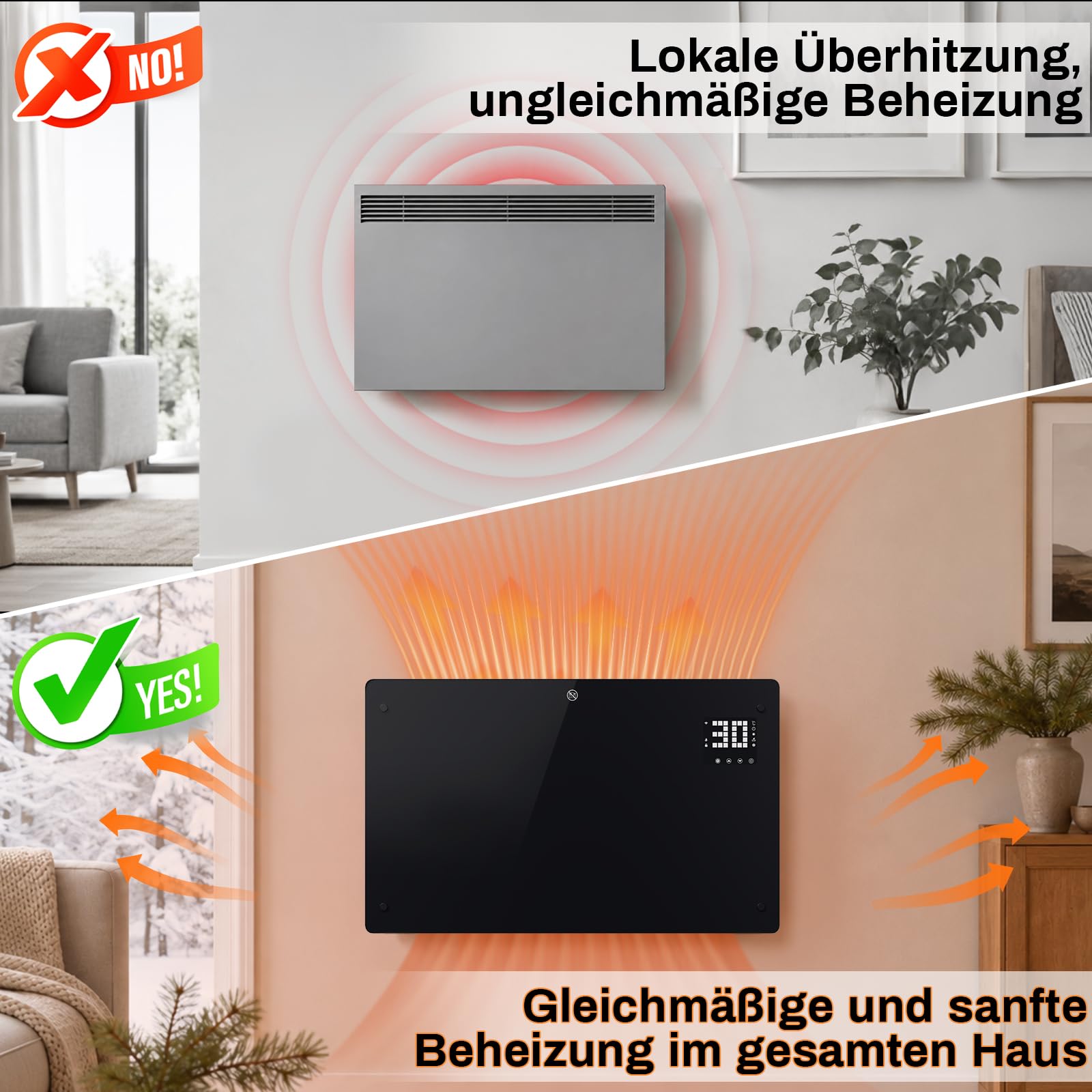 Lospitch WLAN Konvektor Heizung 2000/2500W mit Thermostat und Glasfront