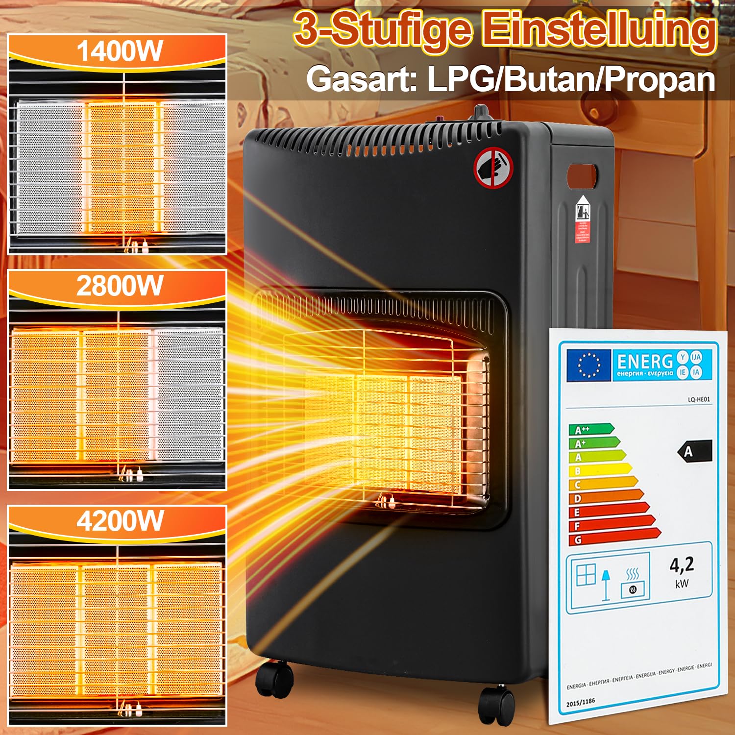 Lospitch Gasheizer 4200W mit Elektroheizung 1260W für Propan Butan bis 15 kg