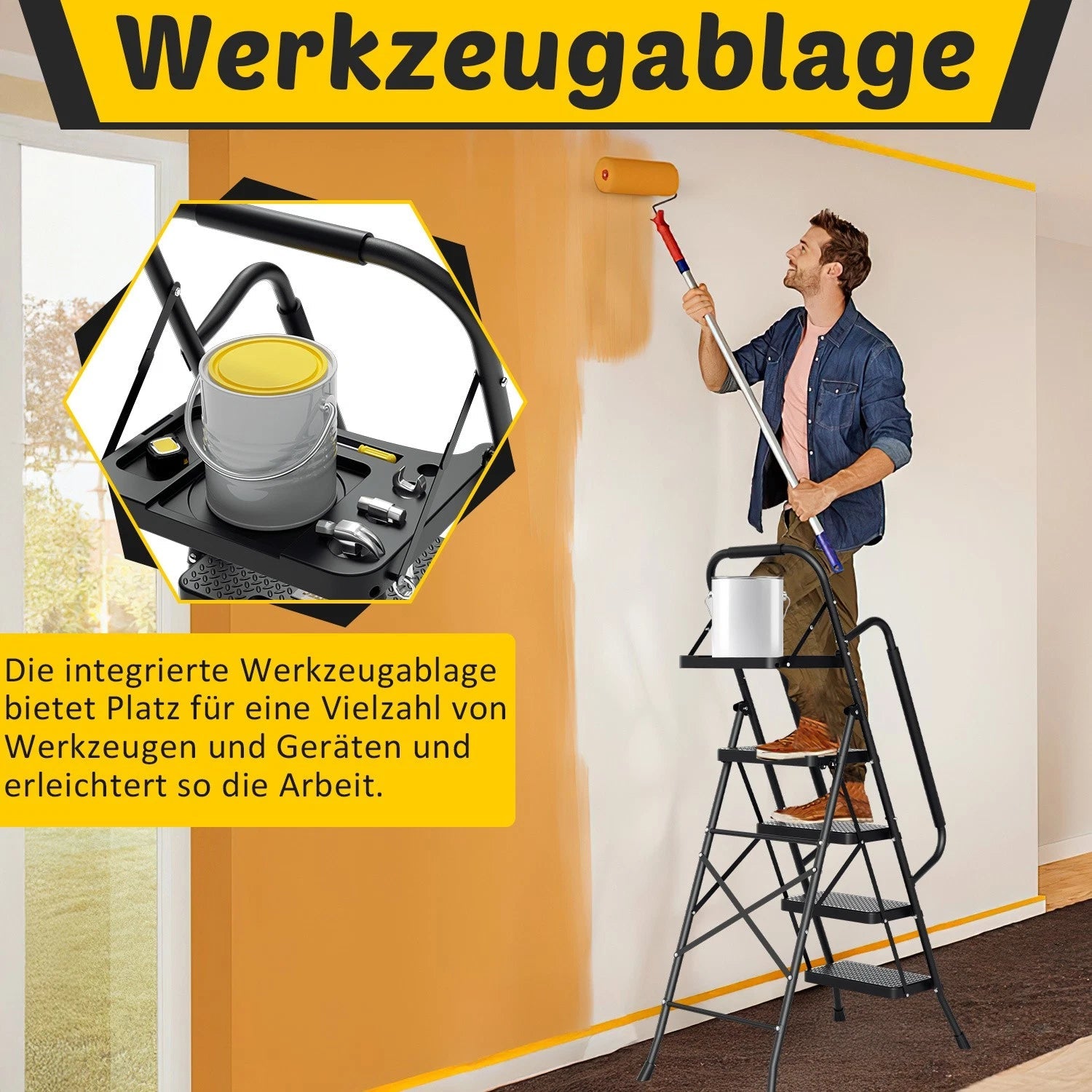 Lospitch Klappleiter für Zuhause mit Handlauf und Werkzeugablage