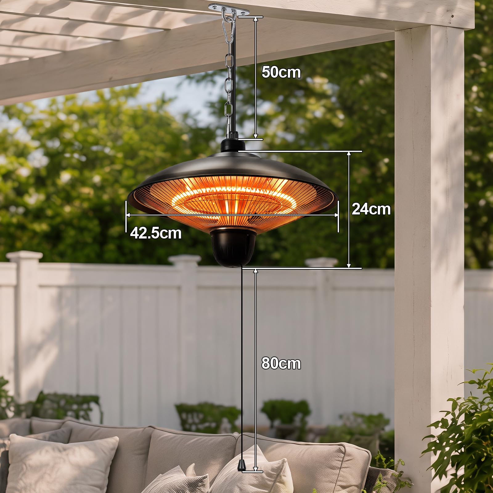 Lospitch Hängeheizstrahler 1800W mit 3 Heizstufen IP55 für Terrasse Balkon