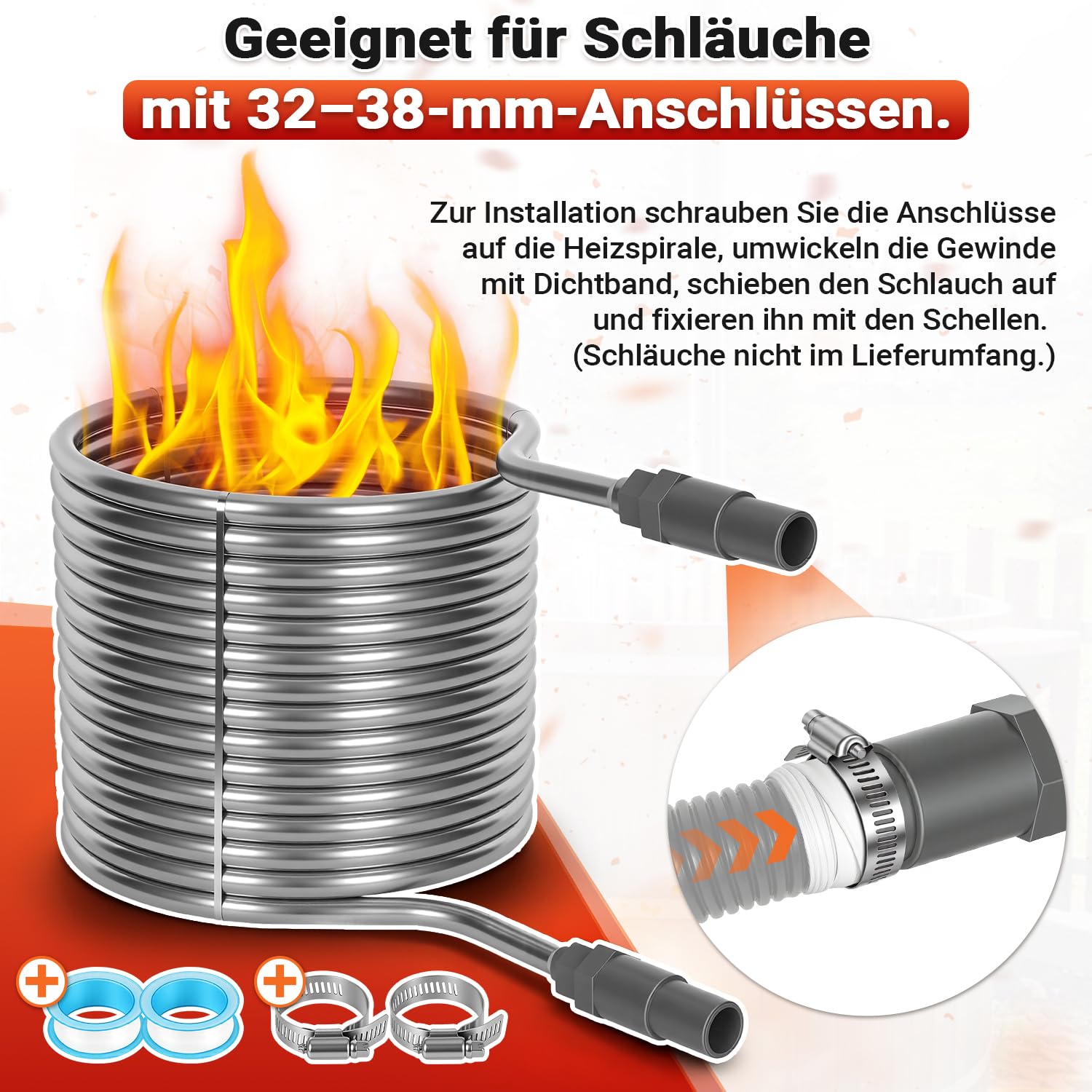Lospitch Poolheizung Edelstahl Heizspirale 15 m für 32–38 mm Poolschläuche