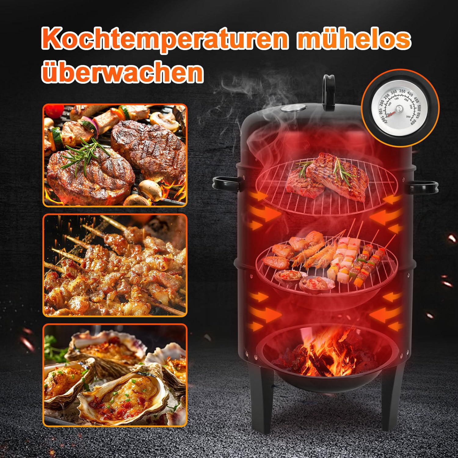 Lospitch Smoker Räucherofen 3 in 1 Grill Ø40×80 cm mit Thermometer