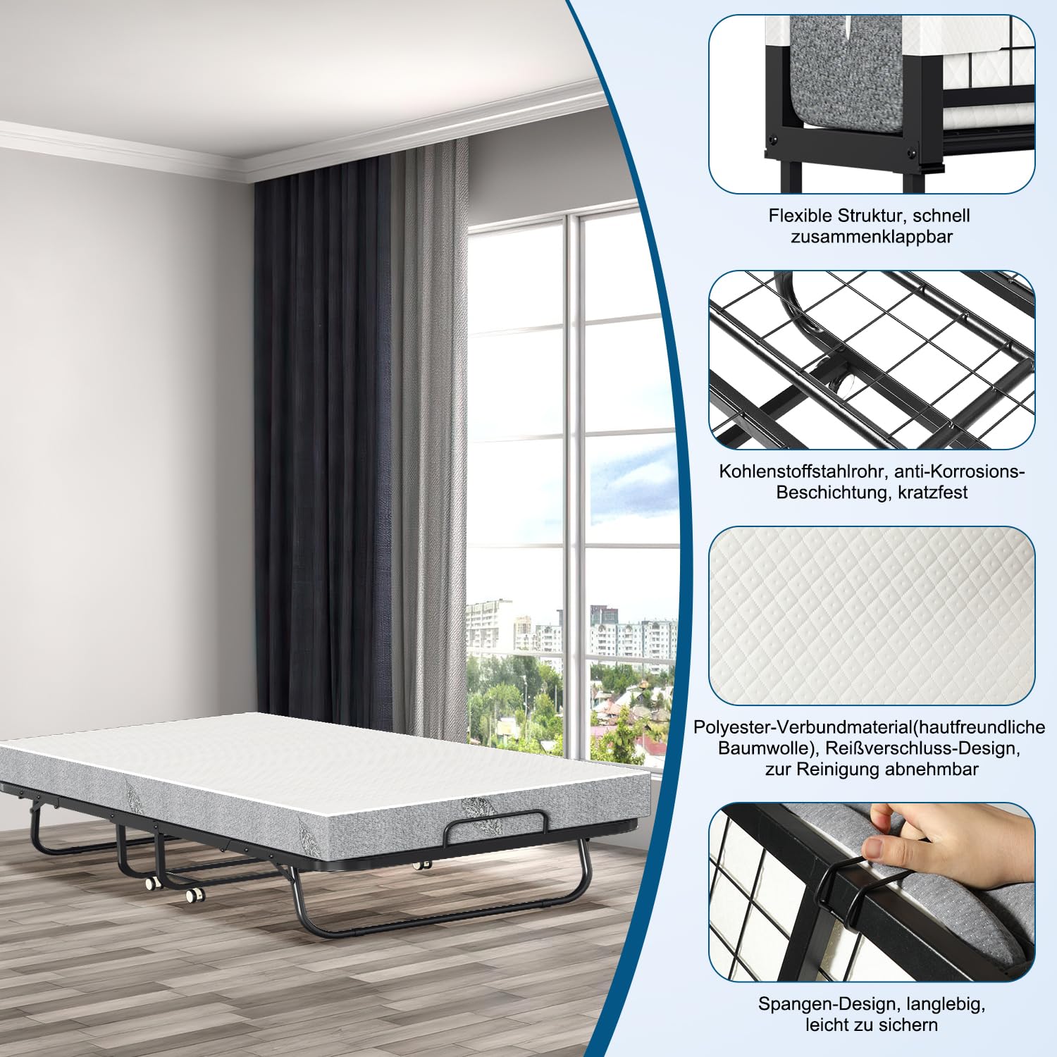 Lospitch Klappbett 90 x 200 cm mit 13 cm Schaumstoffmatratze Metallrahmen Rollen bis 200 kg