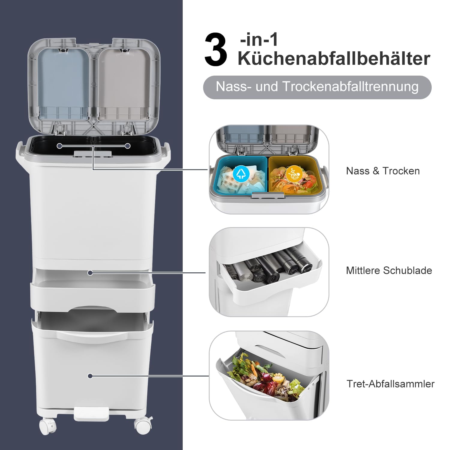 Lospitch Mülleimer Küche 42L mit 3 Fächern Tretdeckel Schublade und Rollen