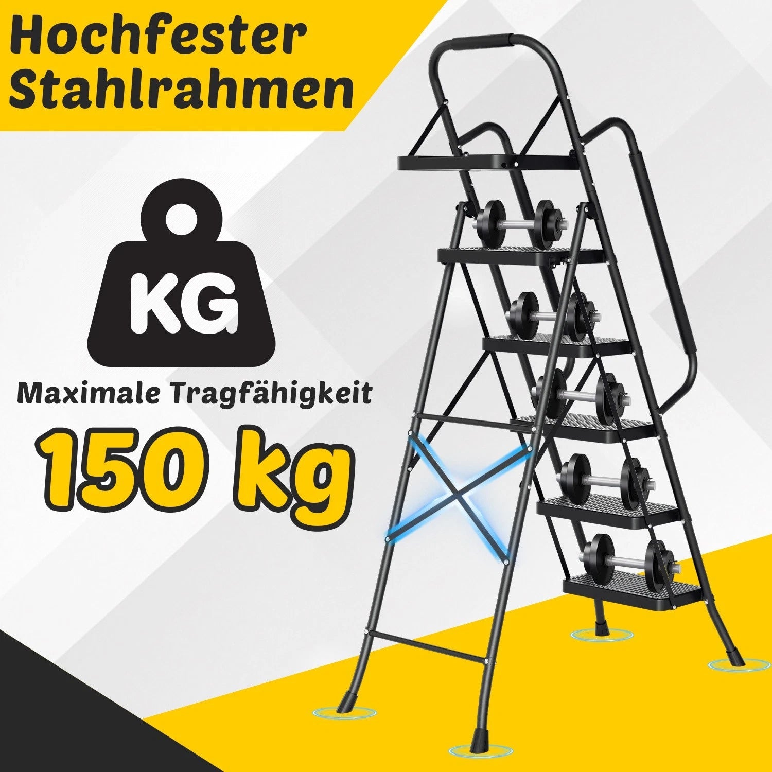 Lospitch Klappleiter für Zuhause mit Handlauf und Werkzeugablage