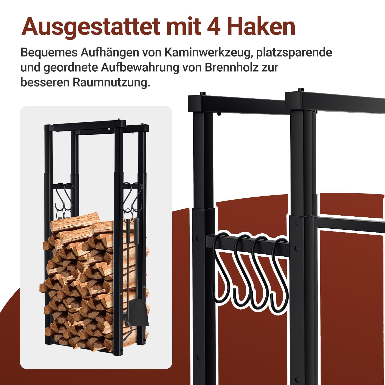 Lospitch Brennholzregal 9-fach verstellbar mit 4 Haken für Kaminholz