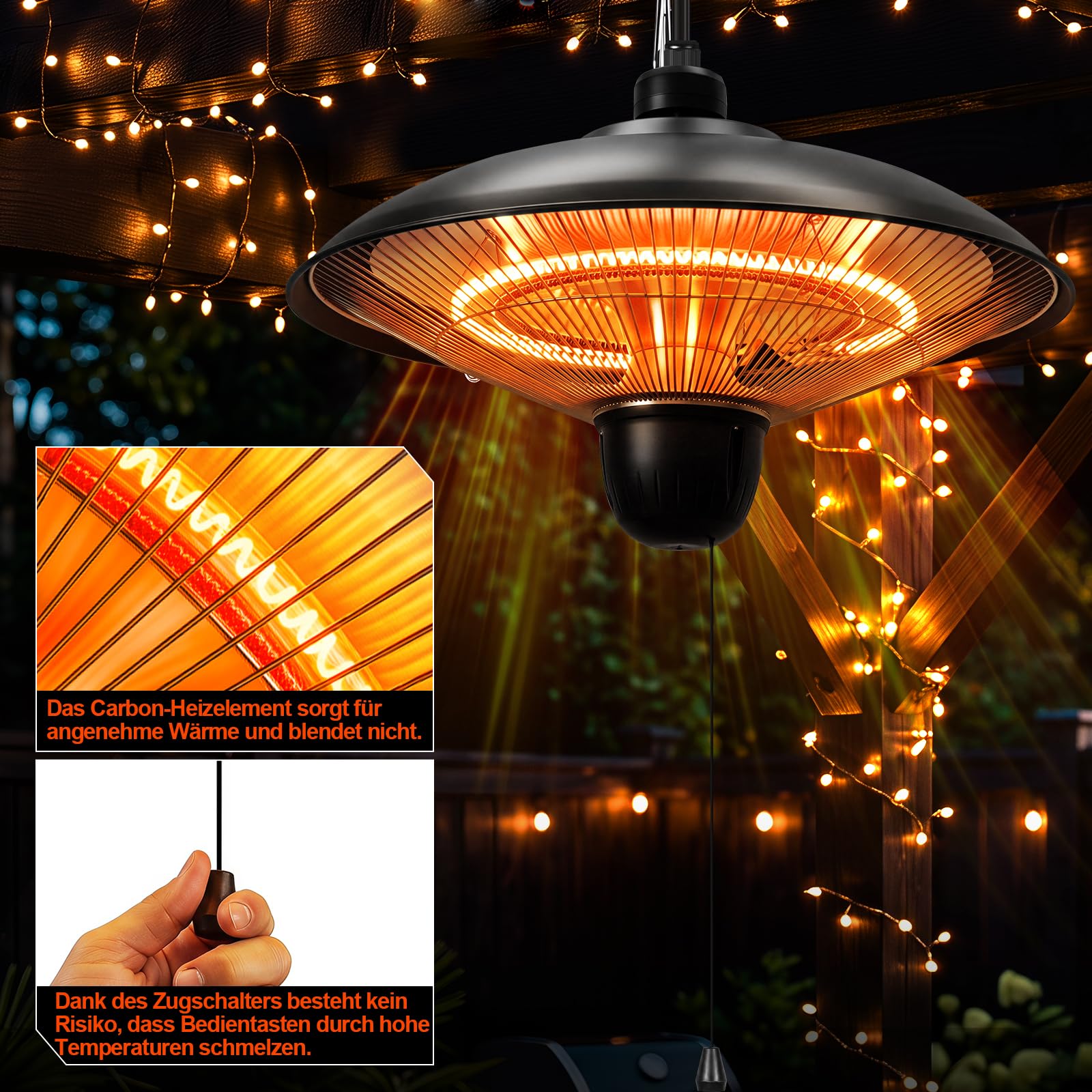 Lospitch Hängeheizstrahler 1800W mit 3 Heizstufen IP55 für Terrasse Balkon