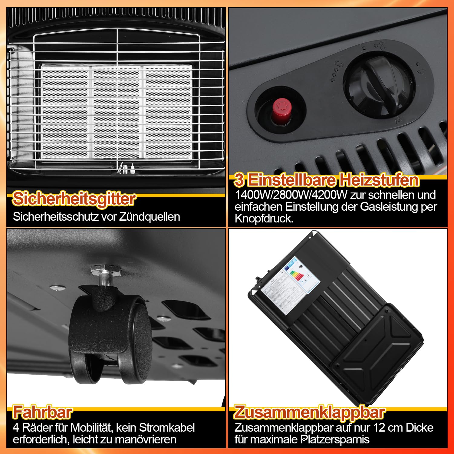 Lospitch Gasheizer 4200W mit Elektroheizung 1260W für Propan Butan bis 15 kg